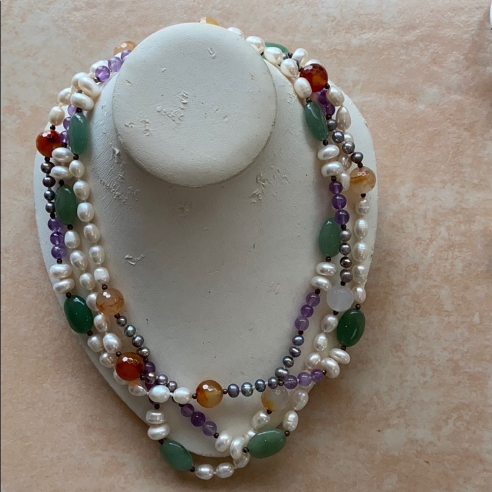 Genuine 56” Pearl, Amy, Jade, Cornelian Neck